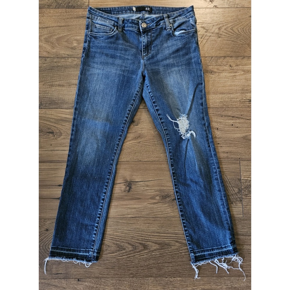 Kut from the Kloth Reese Ankle Straight Jeans 6 Blue Womens Dark Wash Distressed